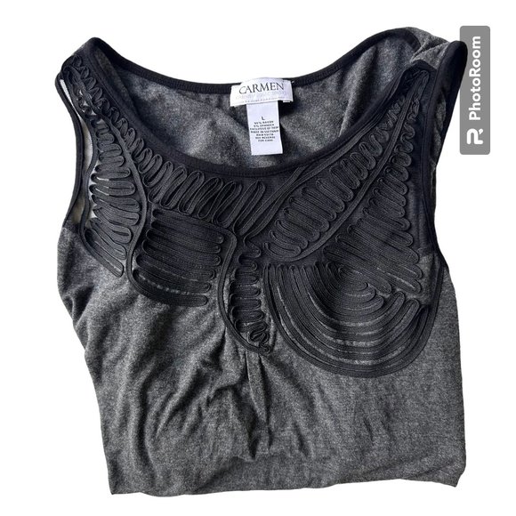 Carmen Marc Valvo Tunic Top Sz L Gray Sleeveless Black Embellished Souta… - Picture 3 of 12